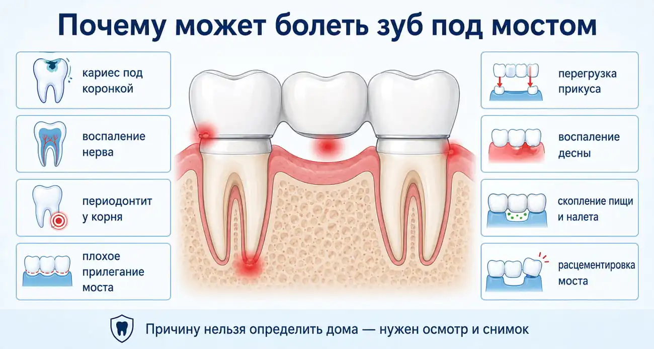 Причины боли зуба под мостом: кариес под коронкой, воспаление корня, плохое прилегание моста, перегрузка и воспаление десны.