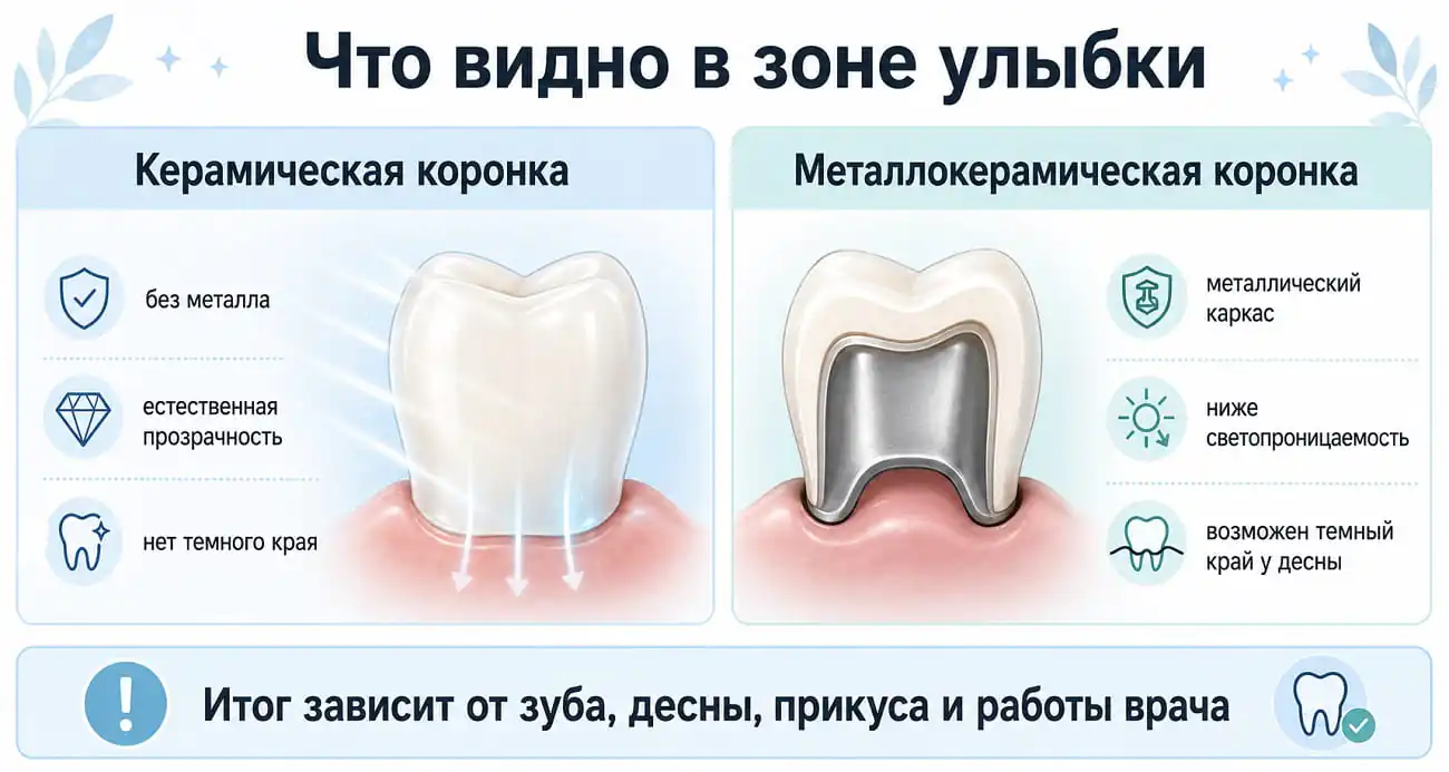 Отличия керамической и металлокерамической коронки в зоне улыбки
