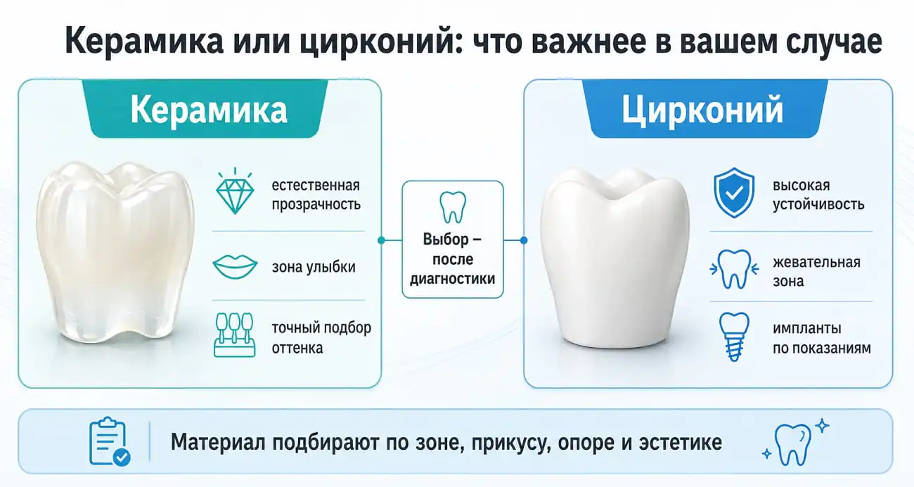 Схема выбора между керамической и циркониевой коронкой по зоне установки