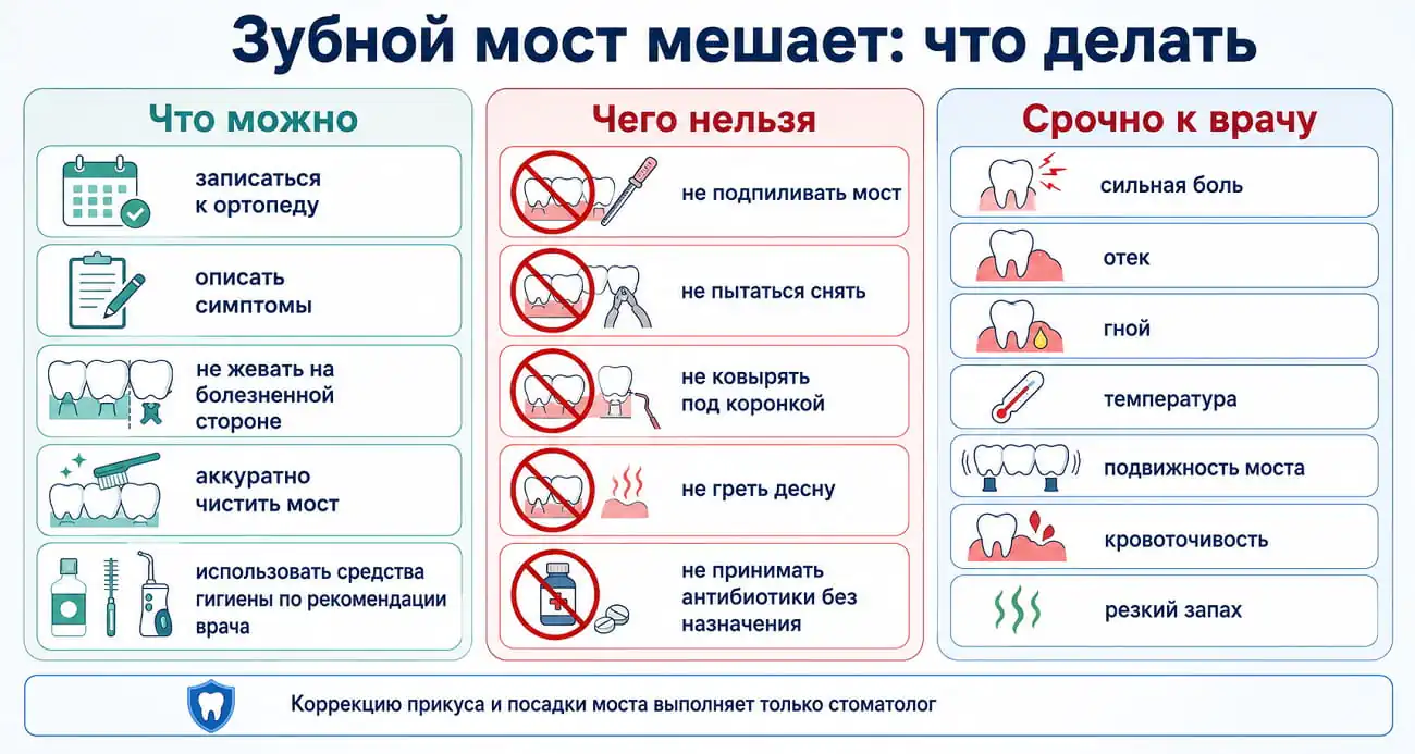 Что делать, если зубной мост мешает или натирает: безопасные действия, запреты и симптомы для срочного визита к врачу.