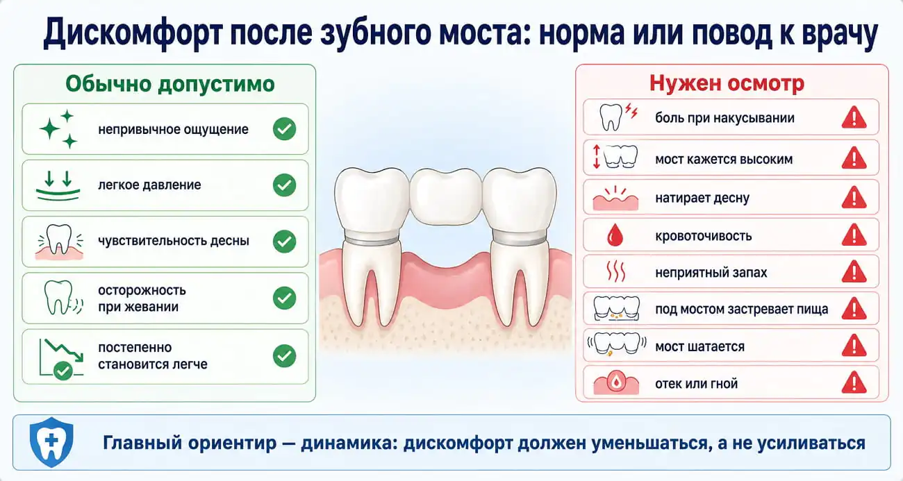 Дискомфорт после установки зубного моста: нормальные ощущения и признаки, при которых нужен осмотр стоматолога.