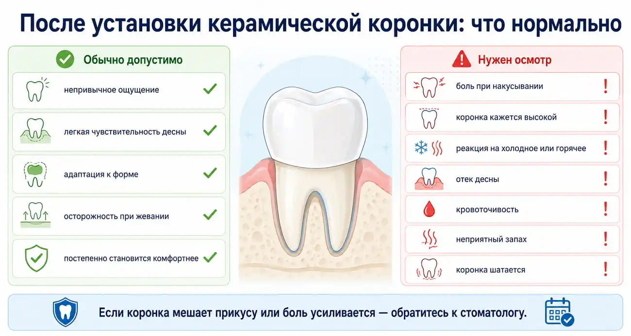 Ощущения после установки керамической коронки: нормальная адаптация и симптомы, при которых нужен осмотр стоматолога.