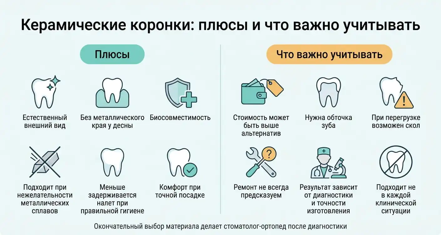 Плюсы и ограничения керамических коронок: естественная эстетика, биосовместимость, стоимость, обточка и риск скола