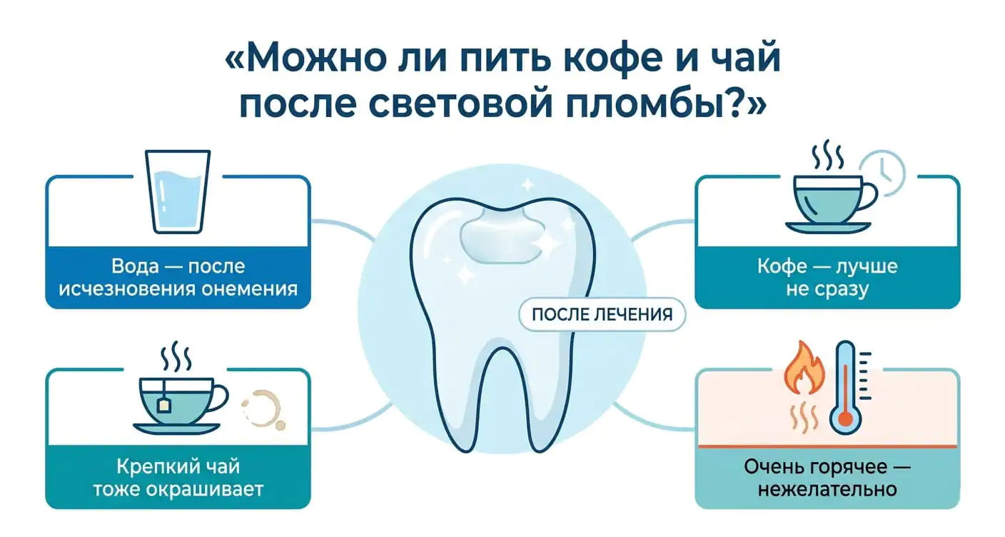 Инфографика о том, когда можно пить кофе и чай после установки световой пломбы.
