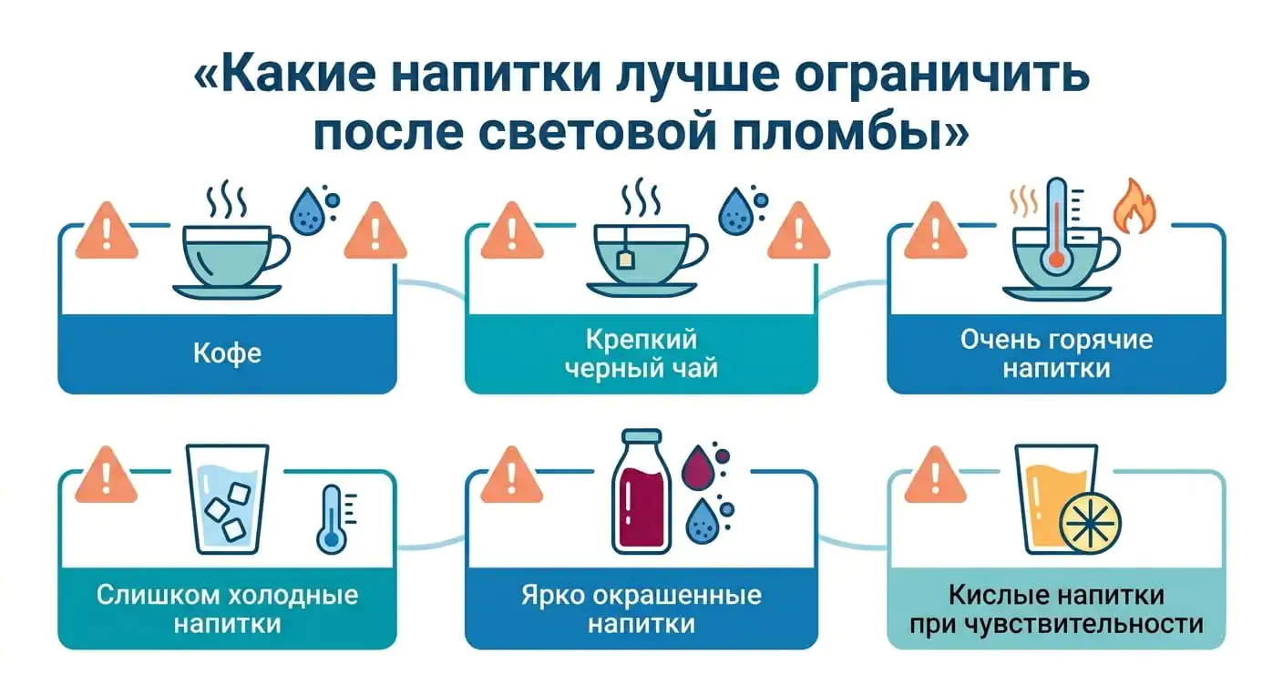Инфографика о напитках, которые лучше ограничить после установки световой пломбы.