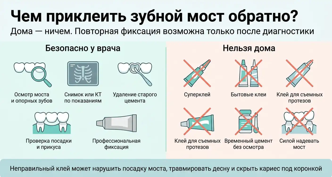 Чем нельзя приклеивать зубной мост дома: суперклей, бытовой клей и временный цемент могут нарушить посадку протеза