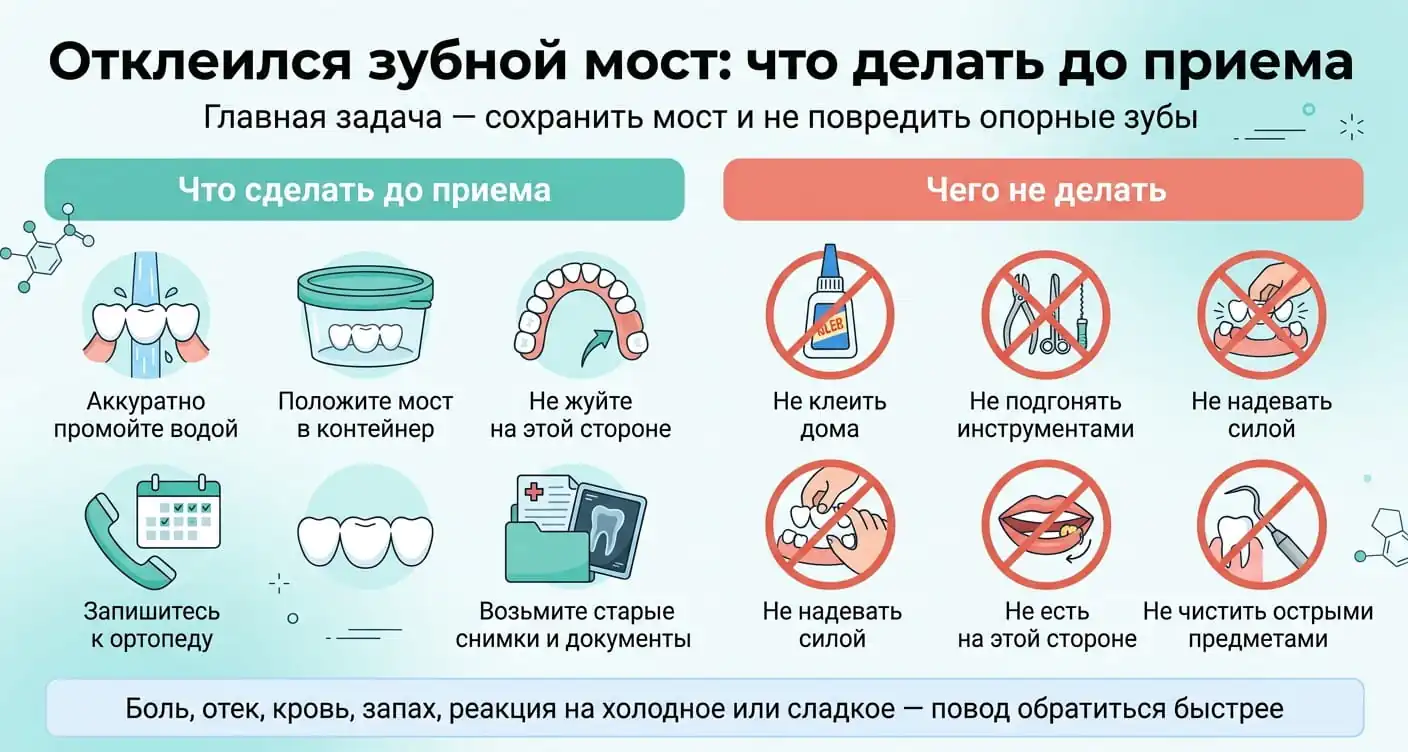 Что делать если отклеился зубной мост: промыть протез, положить в контейнер, не жевать на этой стороне и обратиться к стоматологу