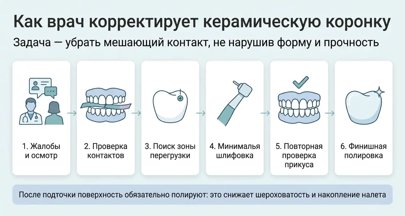 Как проходит коррекция керамической коронки у стоматолога: осмотр, проверка прикуса, минимальная шлифовка и полировка