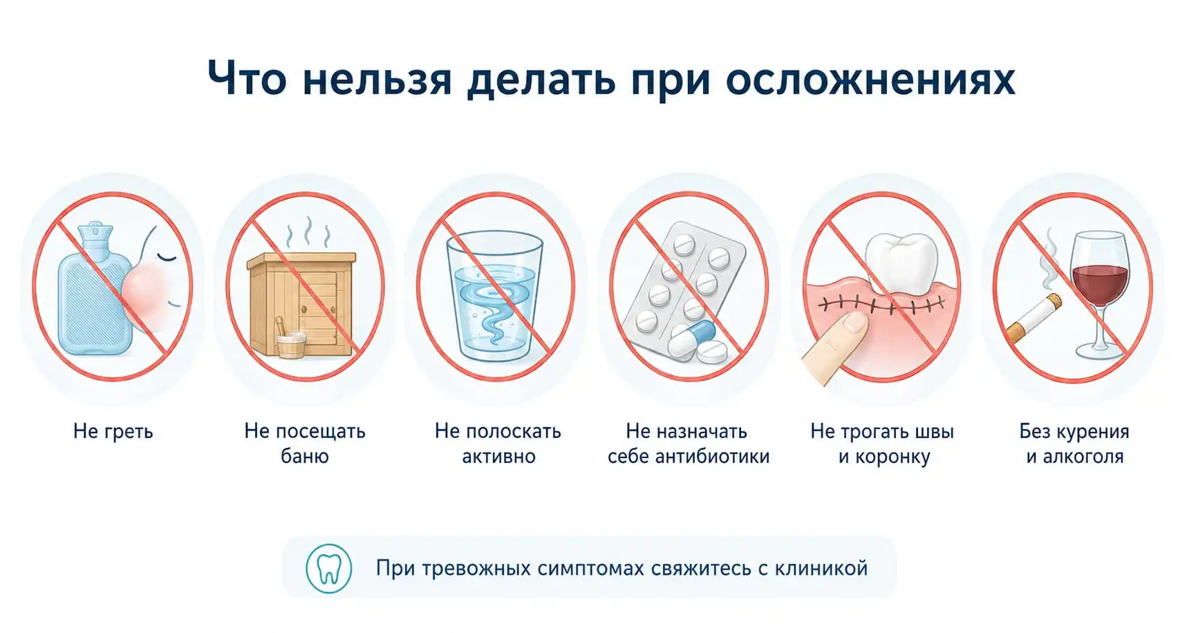 Что нельзя делать при осложнениях после имплантации: греть, полоскать, принимать антибиотики самостоятельно