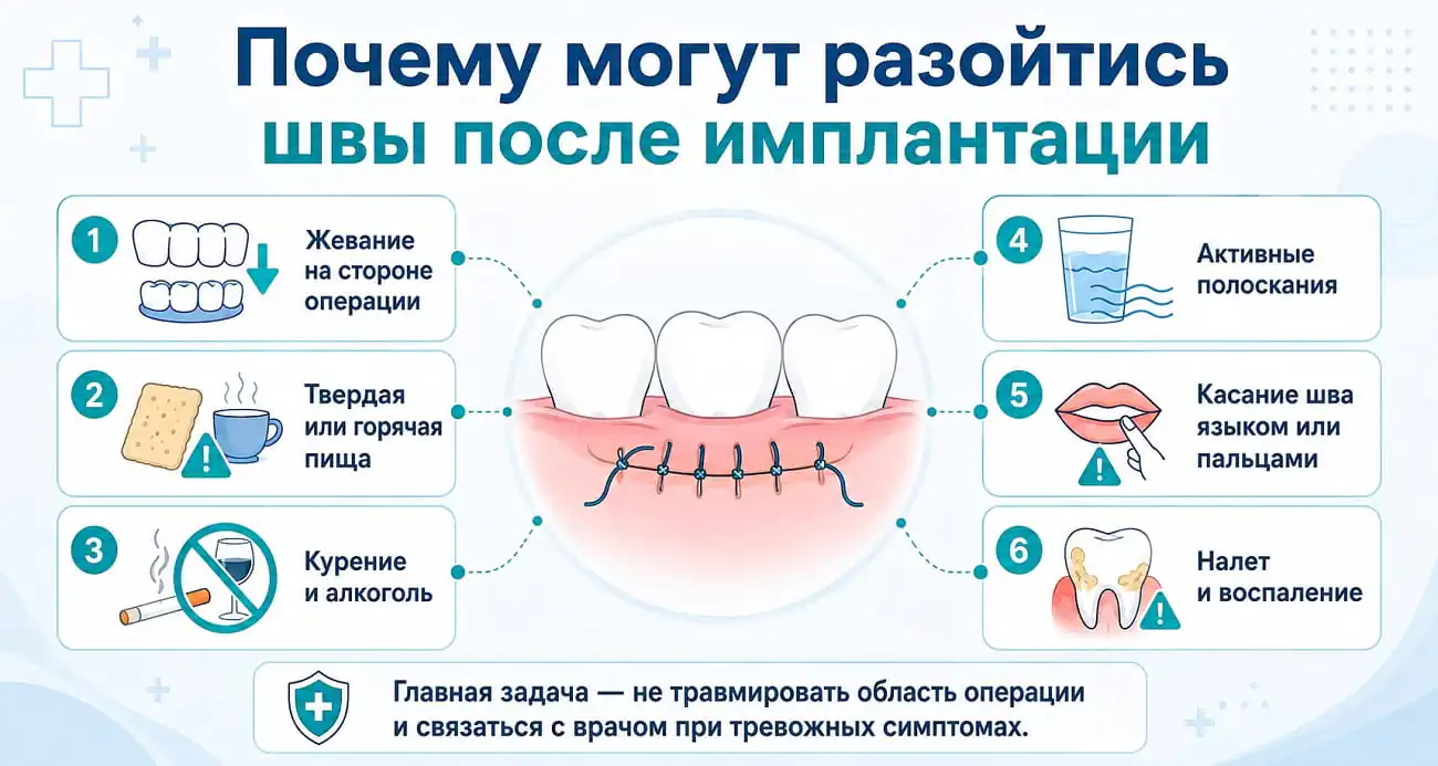 Причины расхождения швов после имплантации зуба: нагрузка, твердая пища, курение, полоскания и плохая гигиена.