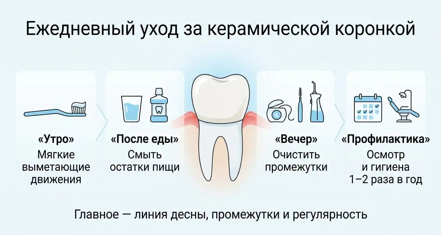 Ежедневный уход за керамической коронкой: чистка, полоскание, межзубная гигиена и профилактический осмотр