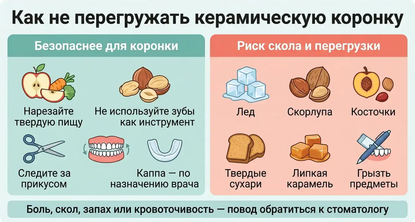 Что нельзя делать с керамической коронкой: лед, орехи в скорлупе, твердая пища и привычка грызть предметы повышают риск скола