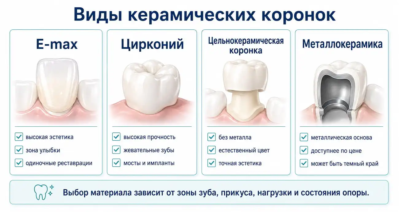 Виды керамических коронок: E-max, цирконий, цельнокерамические и металлокерамические коронки.