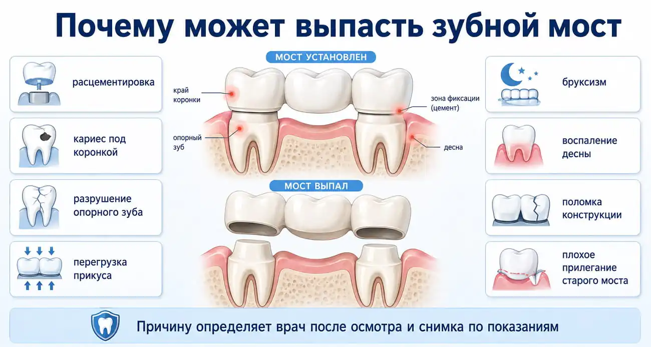 Причины выпадения зубного моста: расцементировка, кариес под коронкой, разрушение опорного зуба, перегрузка и воспаление десны.