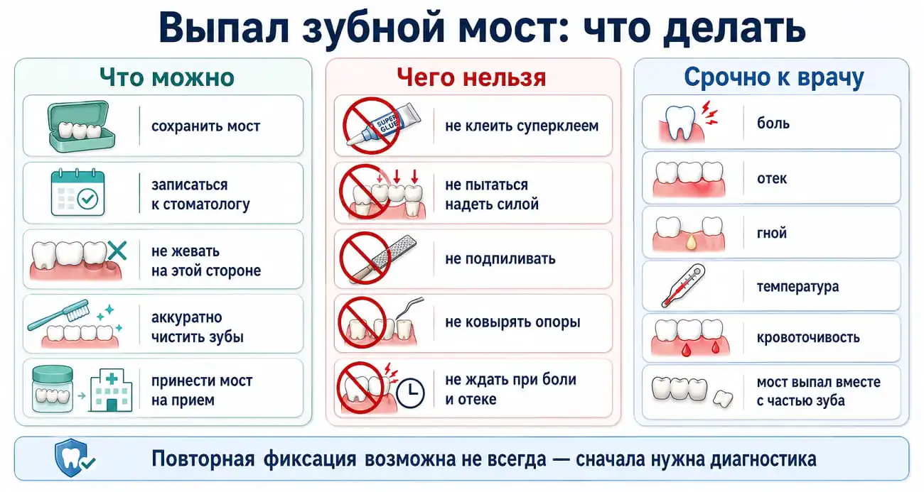 Что делать, если выпал зубной мост: сохранить конструкцию, не приклеивать самостоятельно и обратиться к стоматологу.