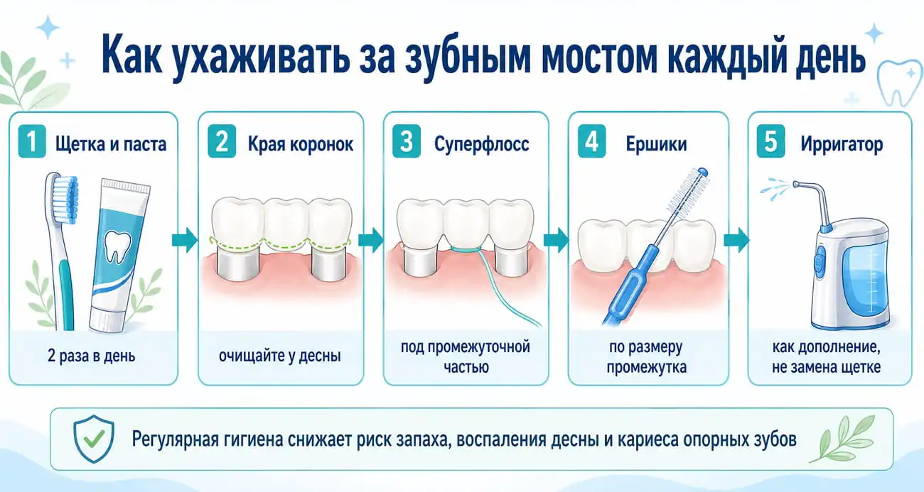 Ежедневный уход за зубным мостом: щетка, паста, суперфлосс, ершики и ирригатор для очищения конструкции.
