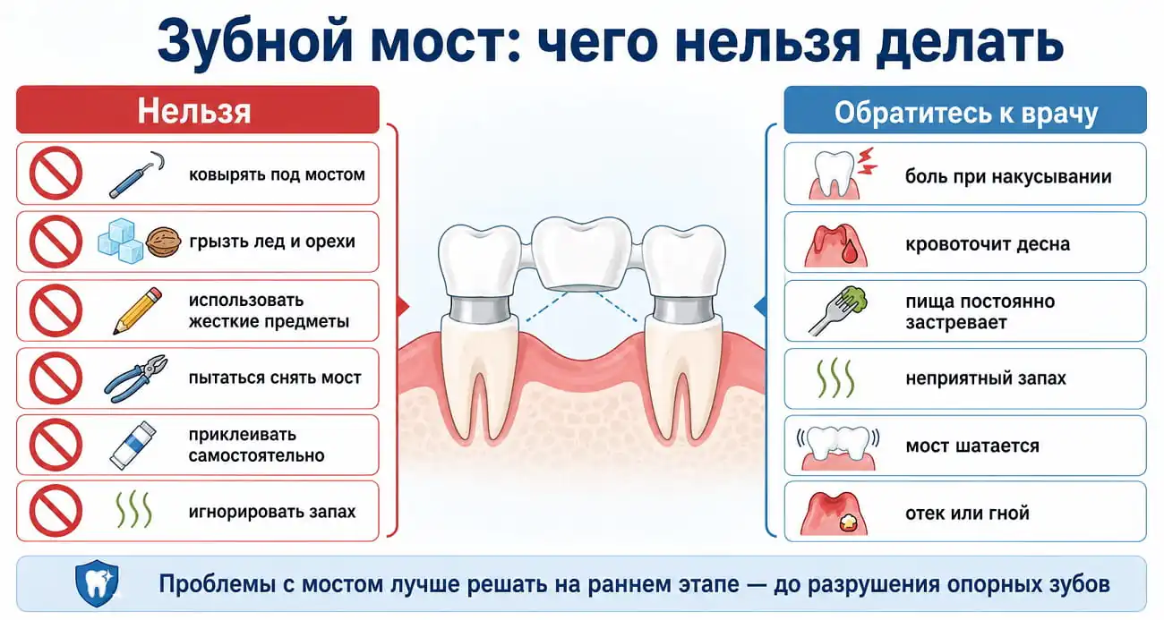 Что нельзя делать с зубным мостом и когда нужно обратиться к стоматологу: боль, запах, кровоточивость, застревание пищи и подвижность.